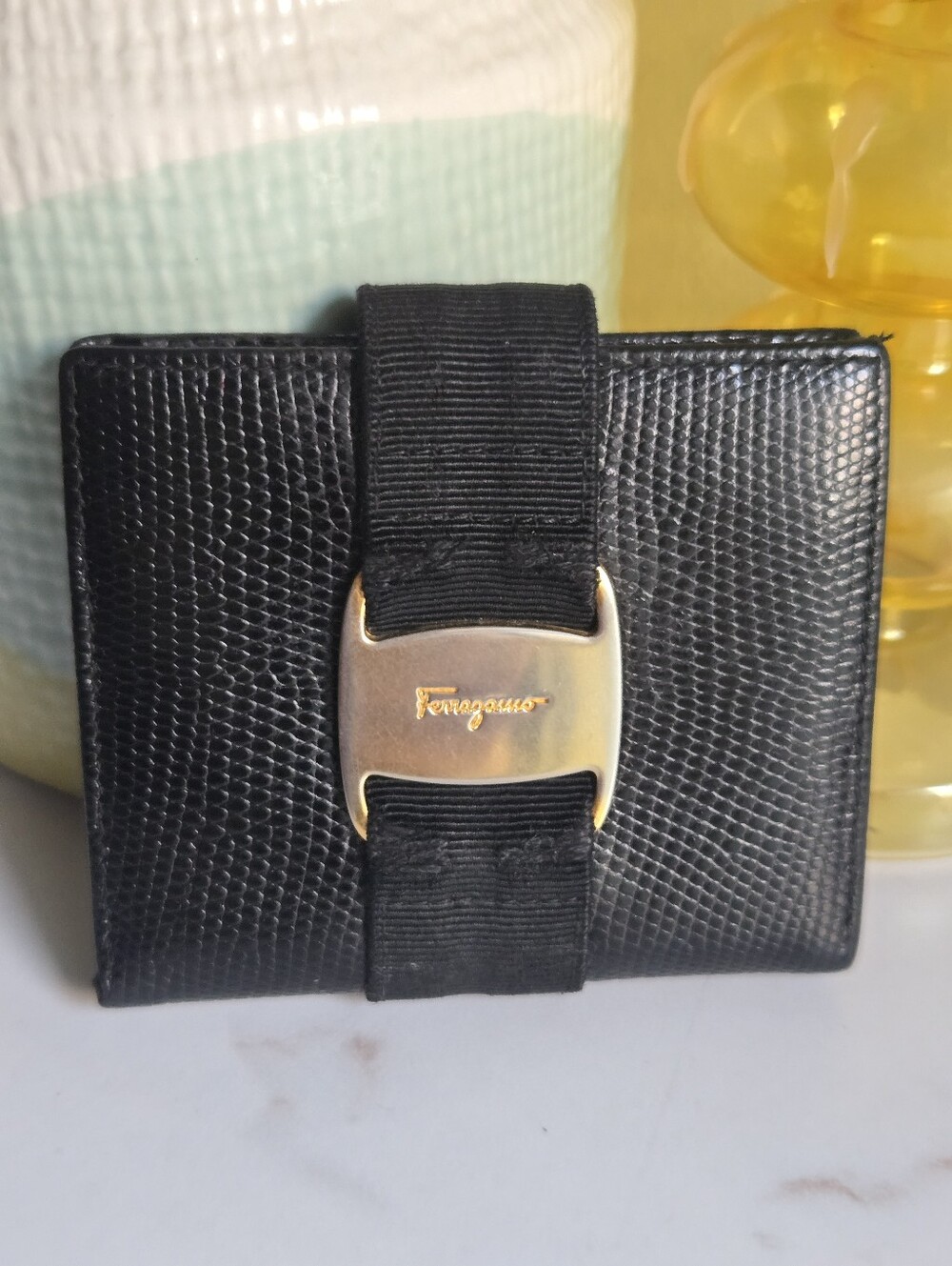 GUC Salvatore Ferragamo Vara Ribbon Black Lizard Leather Bi-Fold Wallet